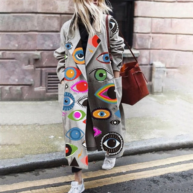 Fashion Casual Long Sleeve Winter Women Warm Jackets Vintage Printed Tweed Long Cardigan New Lady Elegant Lapel Pocket Outerwear