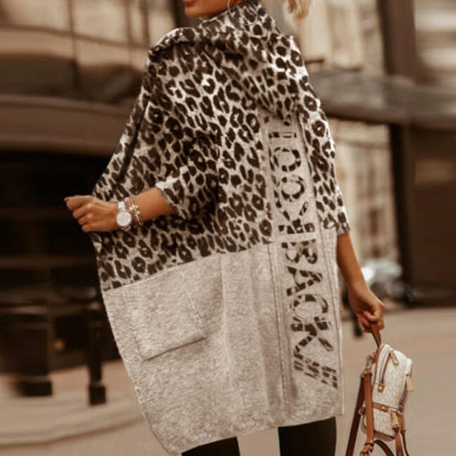 Lizakosht Casual Pocket Loose Hooded Coat Cardigan Women Vintage Leopard Letter Print Trench New Spring Autumn Long Sleeve Female Top