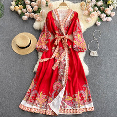 Summer new temperament design printing  Dress  V-neck vintage lace woman dress Lantern sleeve dresses for women 2021