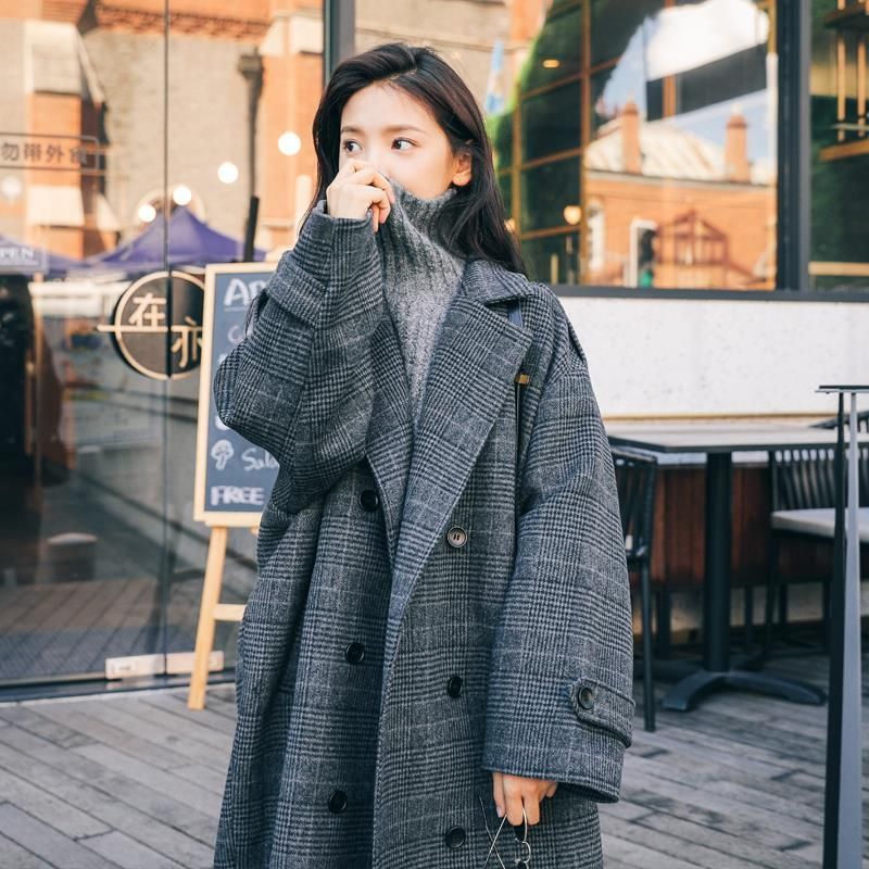 Plaid woolen coat women's mid-length Korean oversized 2021 autumn winter new preppy student loose over-the-knee woolen jackets
