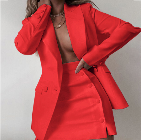 Fashion Women Streetwear Candy Colour Basic Blazer Sets Coat + Side Buttons Skirt Slim Suit Jacket Suits Office Sets Skirt